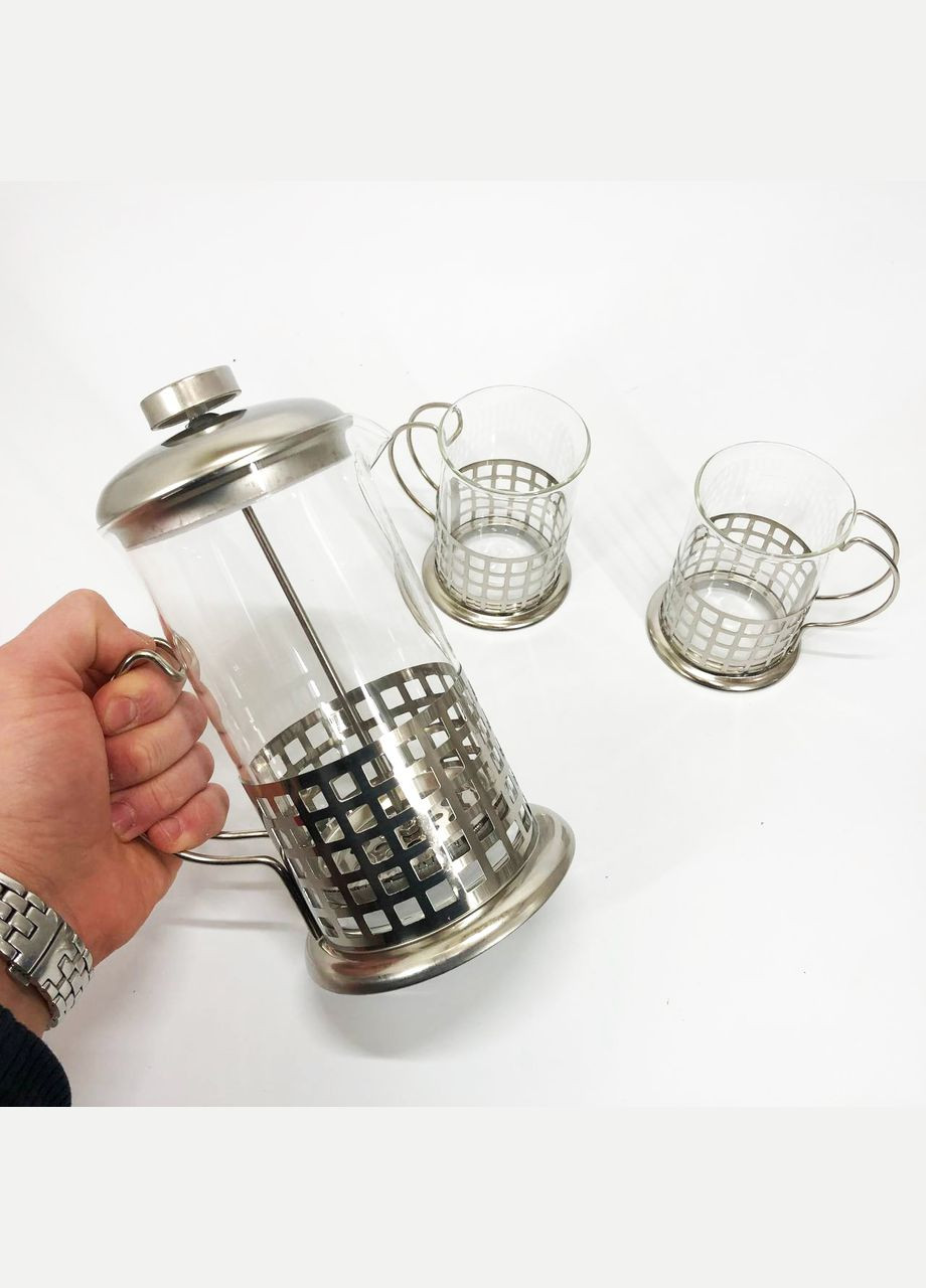 Пресс заварник из жаропрочного боросиликатного стекла UN-1155 0.6 л + 2 чашки Френч-пресс для кофе Unique (364663709)