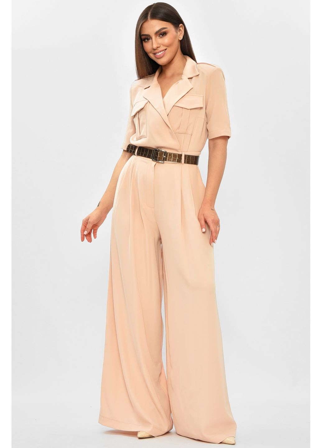 Комбінезон жіночий однотонний бежевого кольору Let's Shop комбінезон-брюки однотонний бежевий джинсовий віскоза