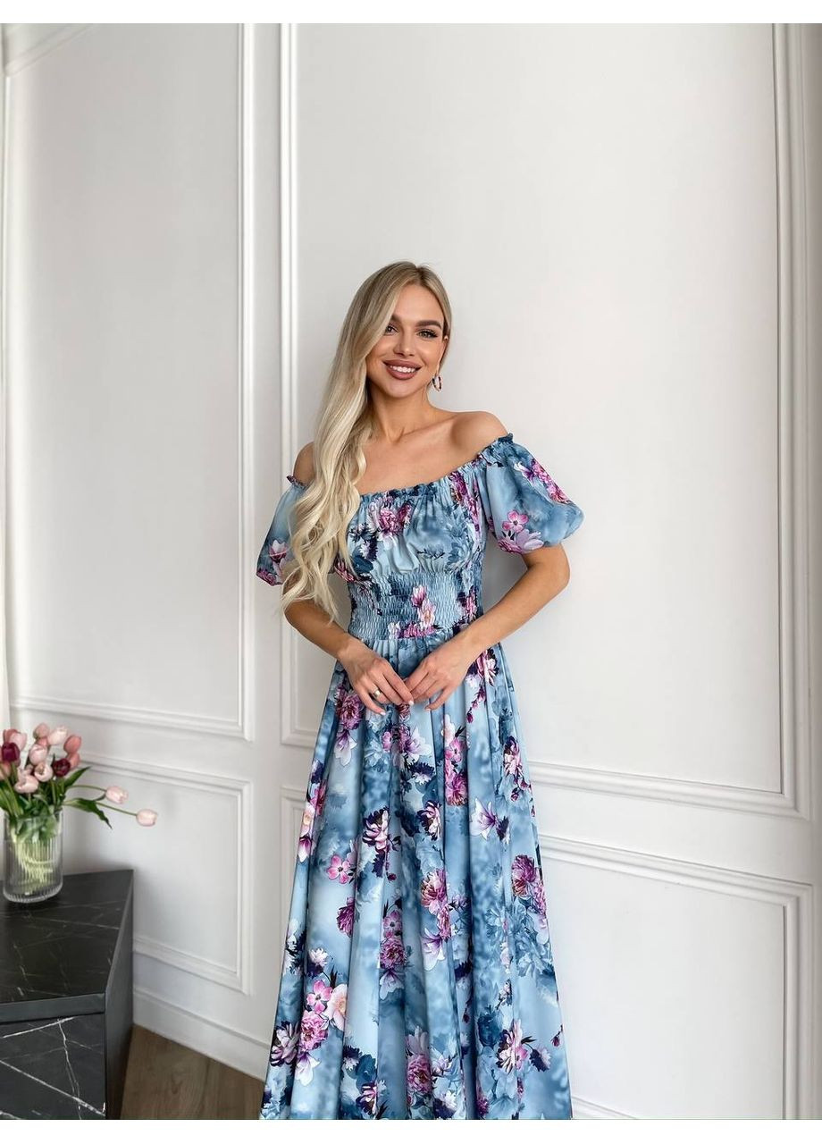 Блакитна святковий, повсякденний, вечірня, пляжна, кежуал жіноча довга сукня з відкритими плечима Vakko з квітковим принтом