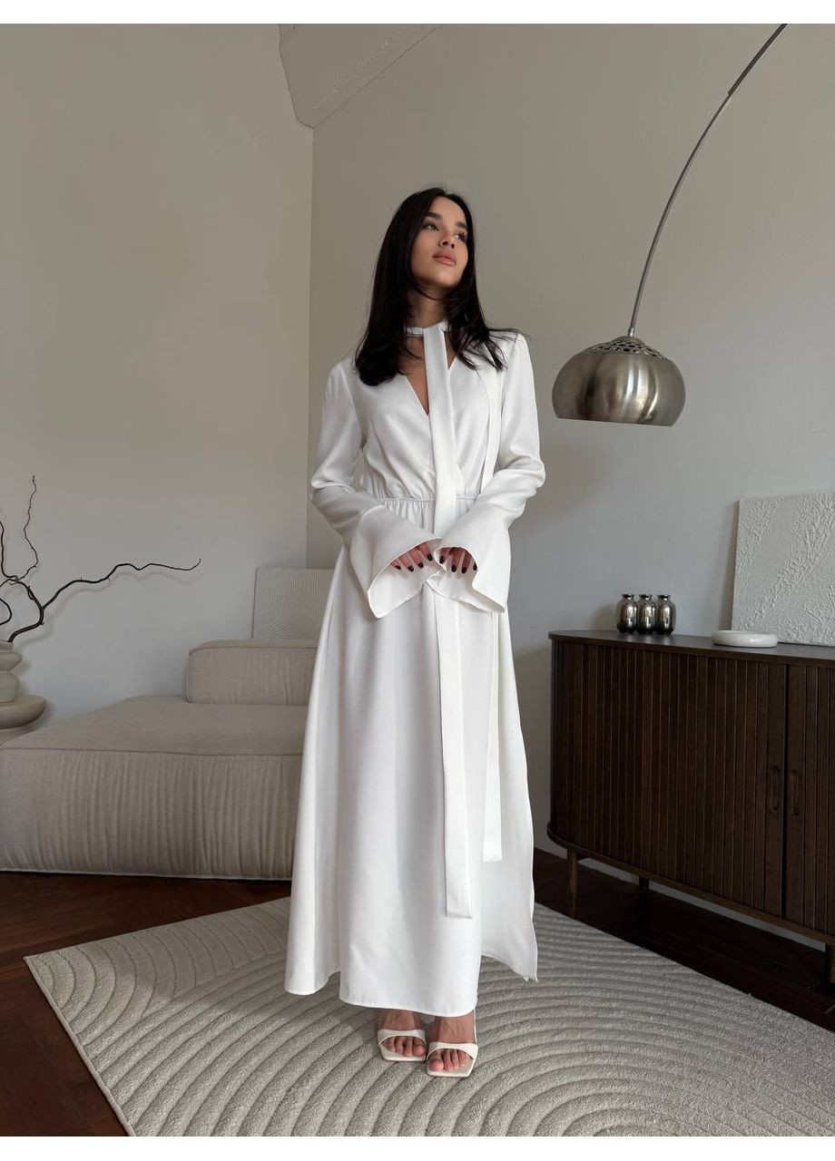 Молочное праздничный, вечернее женское платье меди с акцентом на талии MonCher