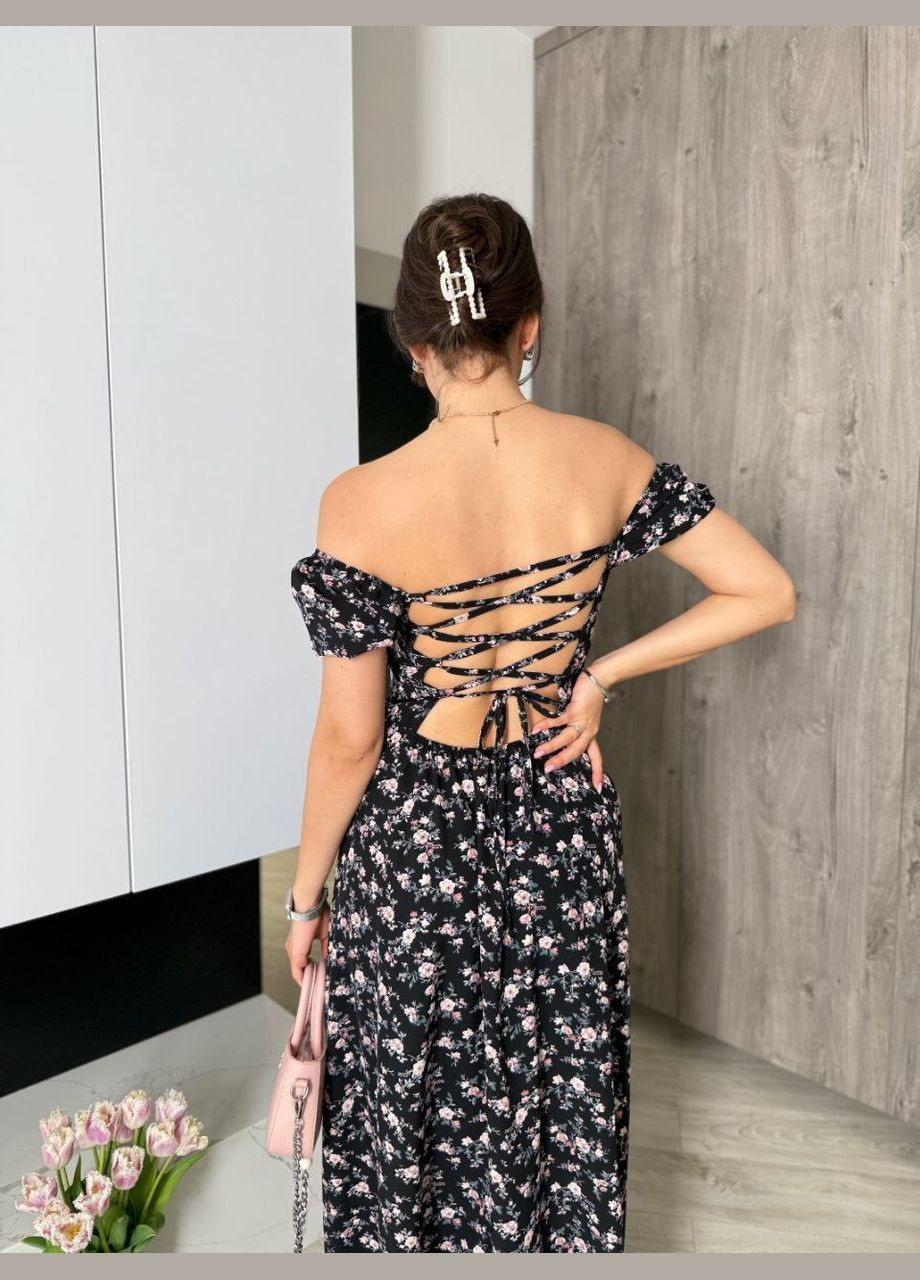 Черное праздничный женское платье макси с вырезом на ножке Avanti с цветочным принтом