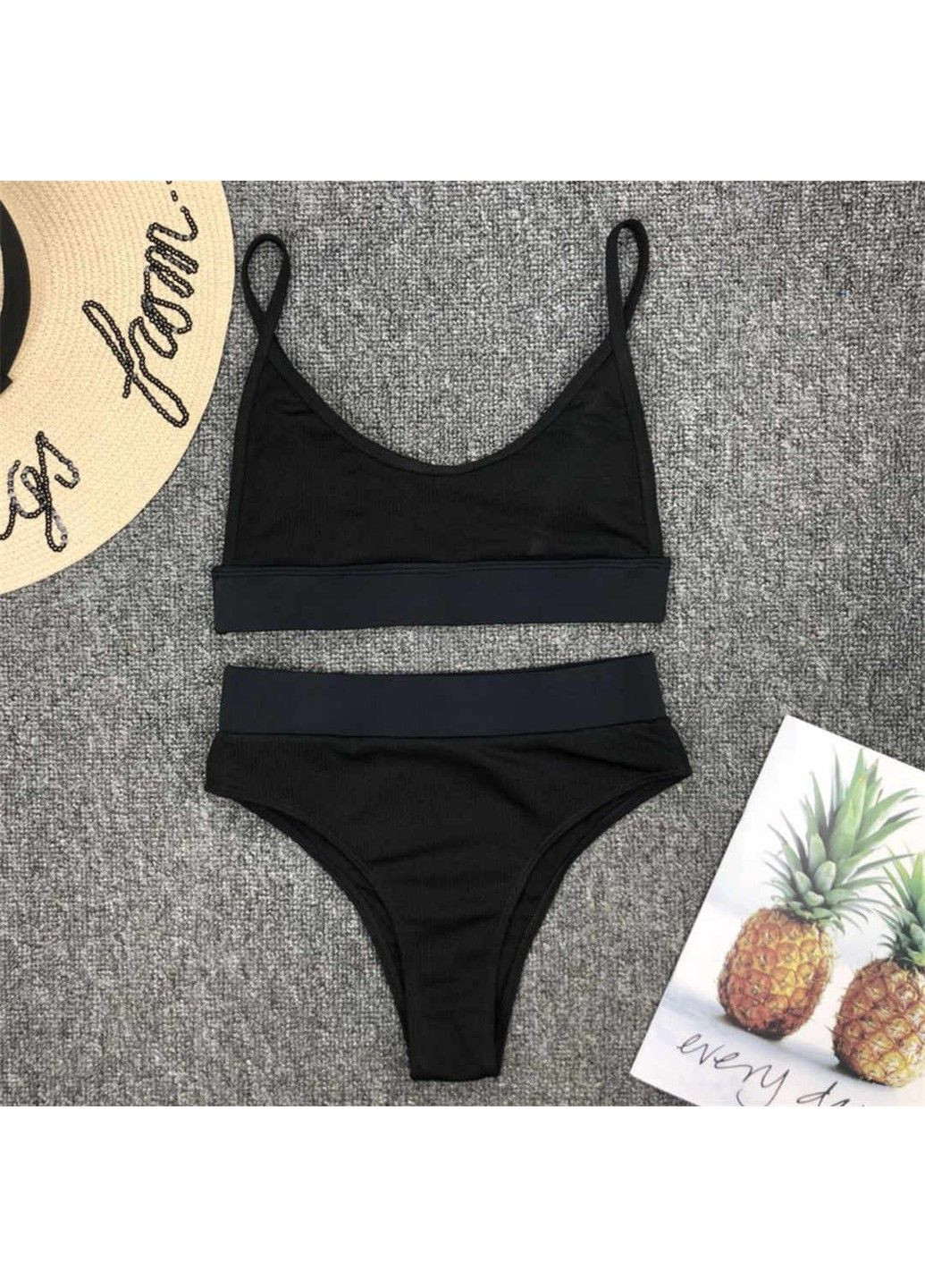 Черный купальник раздельный casual трикотажный с топом и завышенной талией черный No Brand