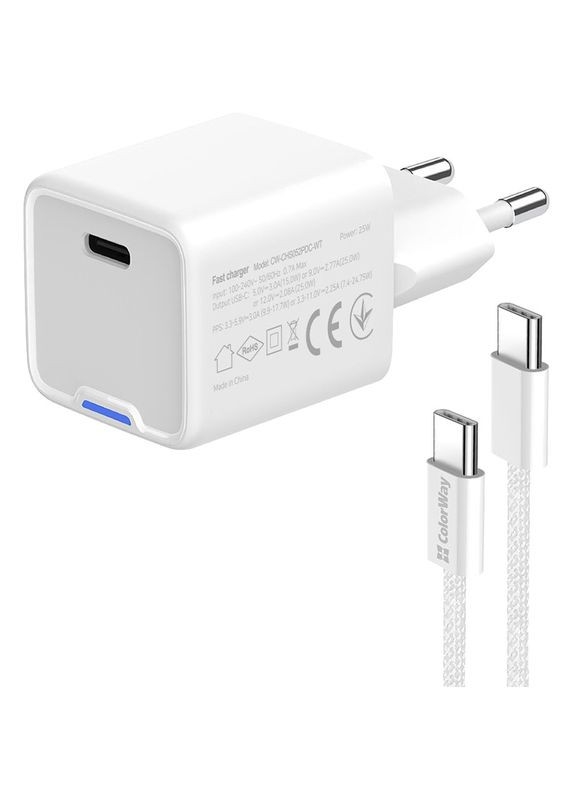 Зарядний пристрій GaN Mini 25W USB-C + кабель Type-C White (CW-CHS052PDC-W) Colorway (325684314)
