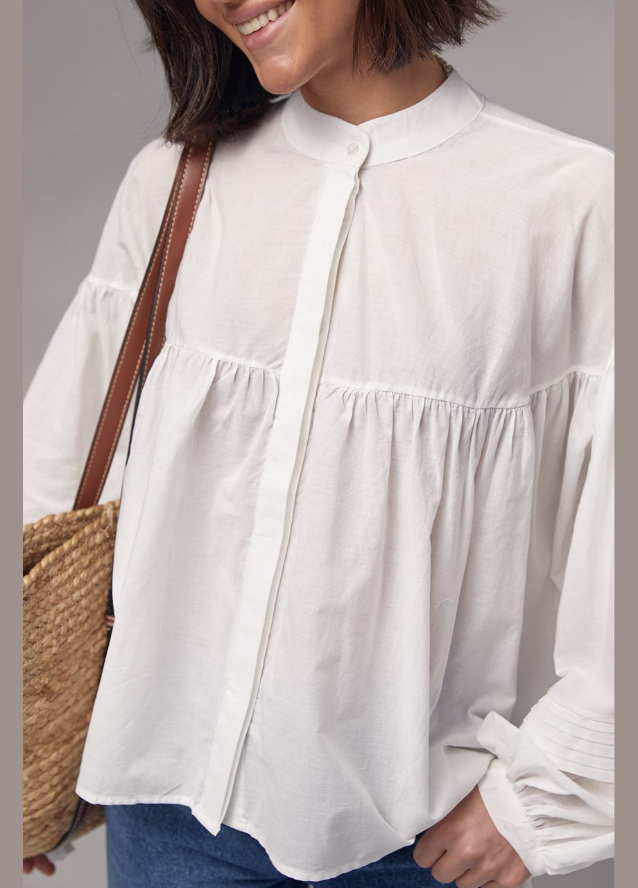 Молочная блузка хлопковая с широкими рукавами на завязках Lurex