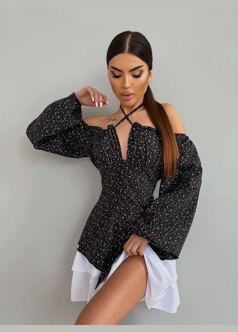 Черно-белое повседневный женское платье меди двойка Avanti с цветочным принтом