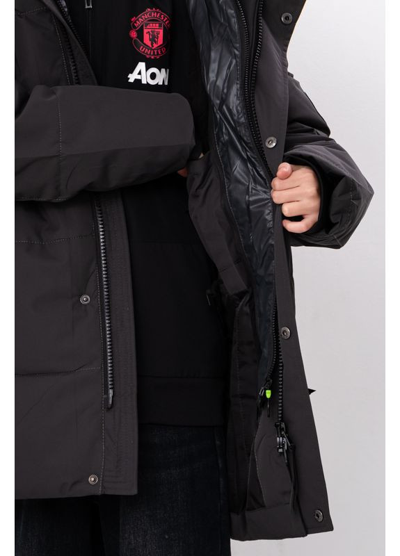 Темно-серая зимняя зимняя куртка для мальчика-подростка прямого кроя с двойной застежкой (p-18509) Носи своє