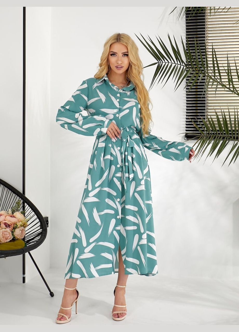 Мятное легкое платье-рубашка мятного цвета 31757 рубашка No Brand с рисунком