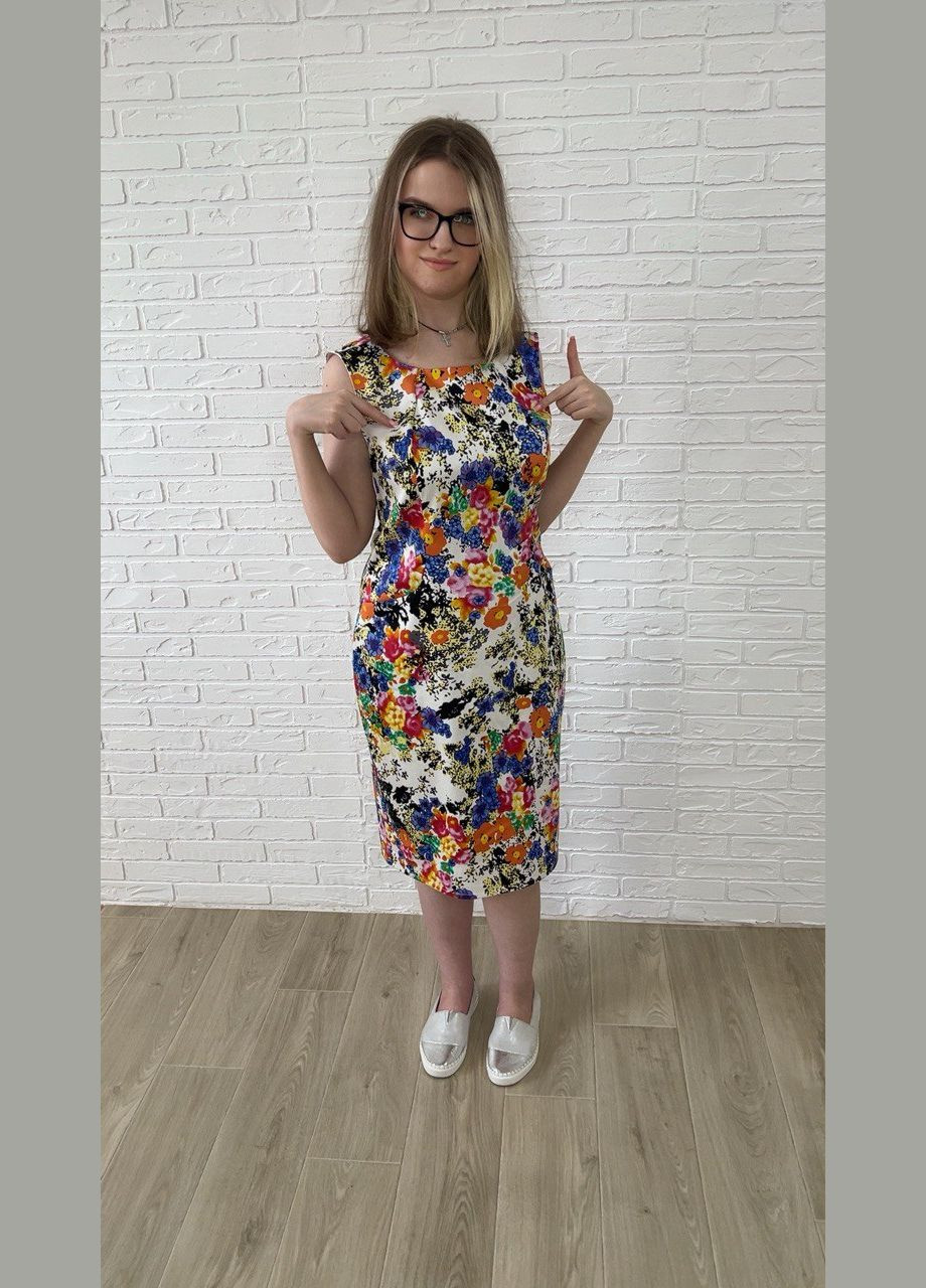 Молочна повсякденний, кежуал молочне бавовняне котонове літнє жіноче плаття-футляр міді з квітковим принтом футляр, сукня-майка No Brand з квітковим принтом