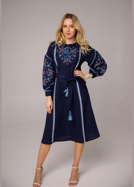 Темно-синій зимній жіноча вишита сукня папороть темно-синя Galychanka 7104