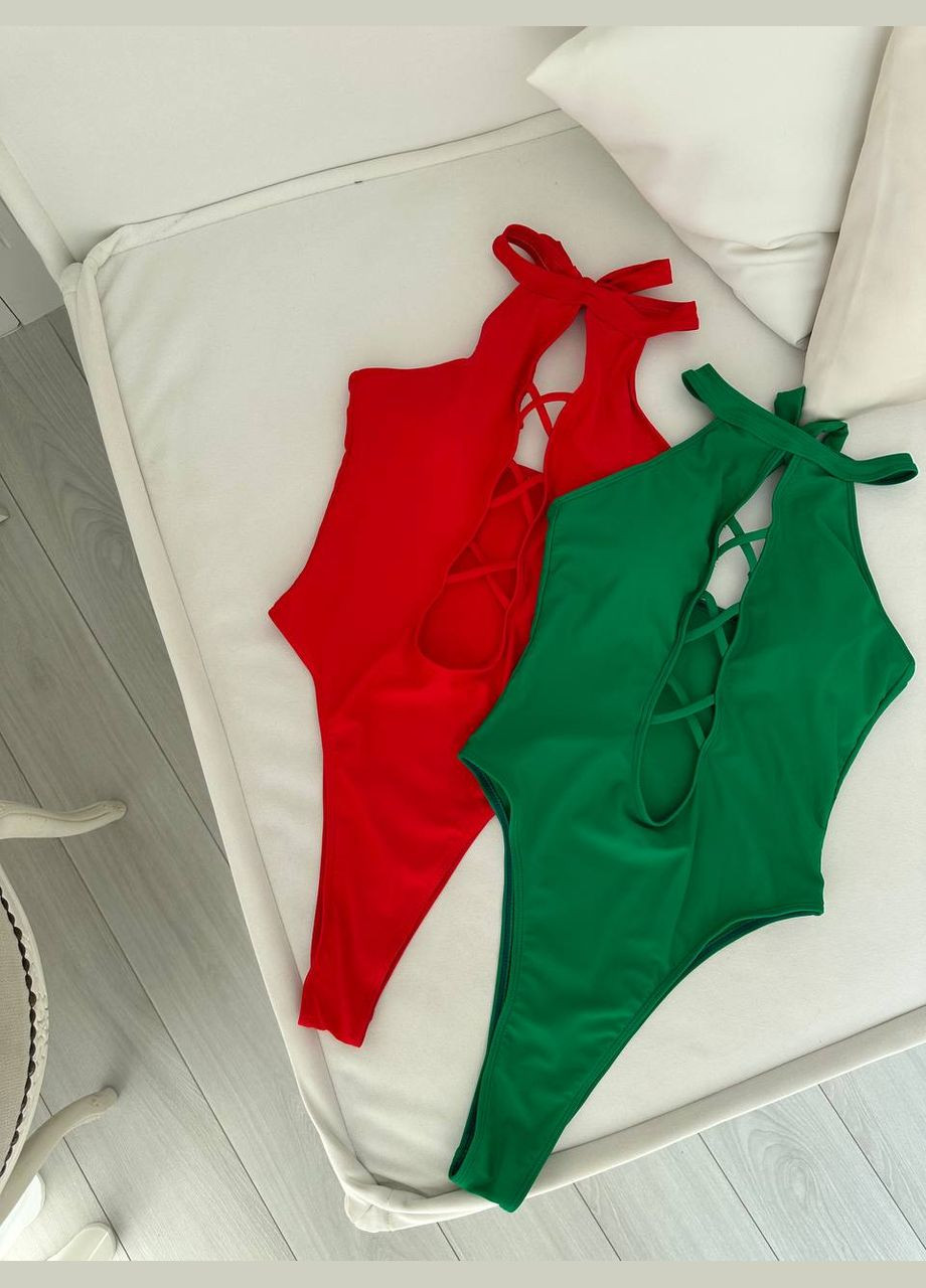 Красный летний яркий стильный купальник с акцентом на грудь слитный Vakko