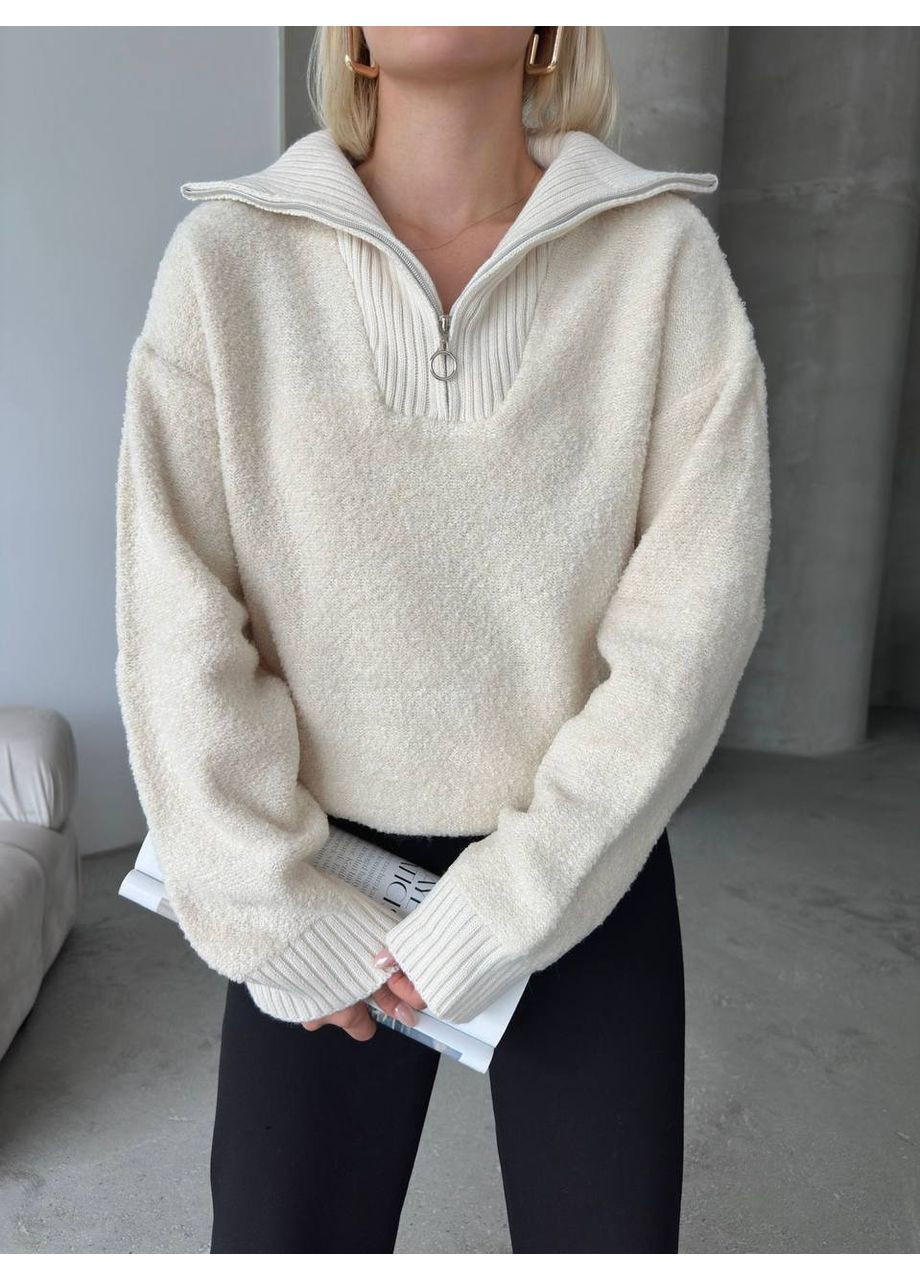 Молочный демисезонный трикотажный свитер с воротником на молнии — мягкий и уютный, универсальный размер, турция. GD/GL Модний простір