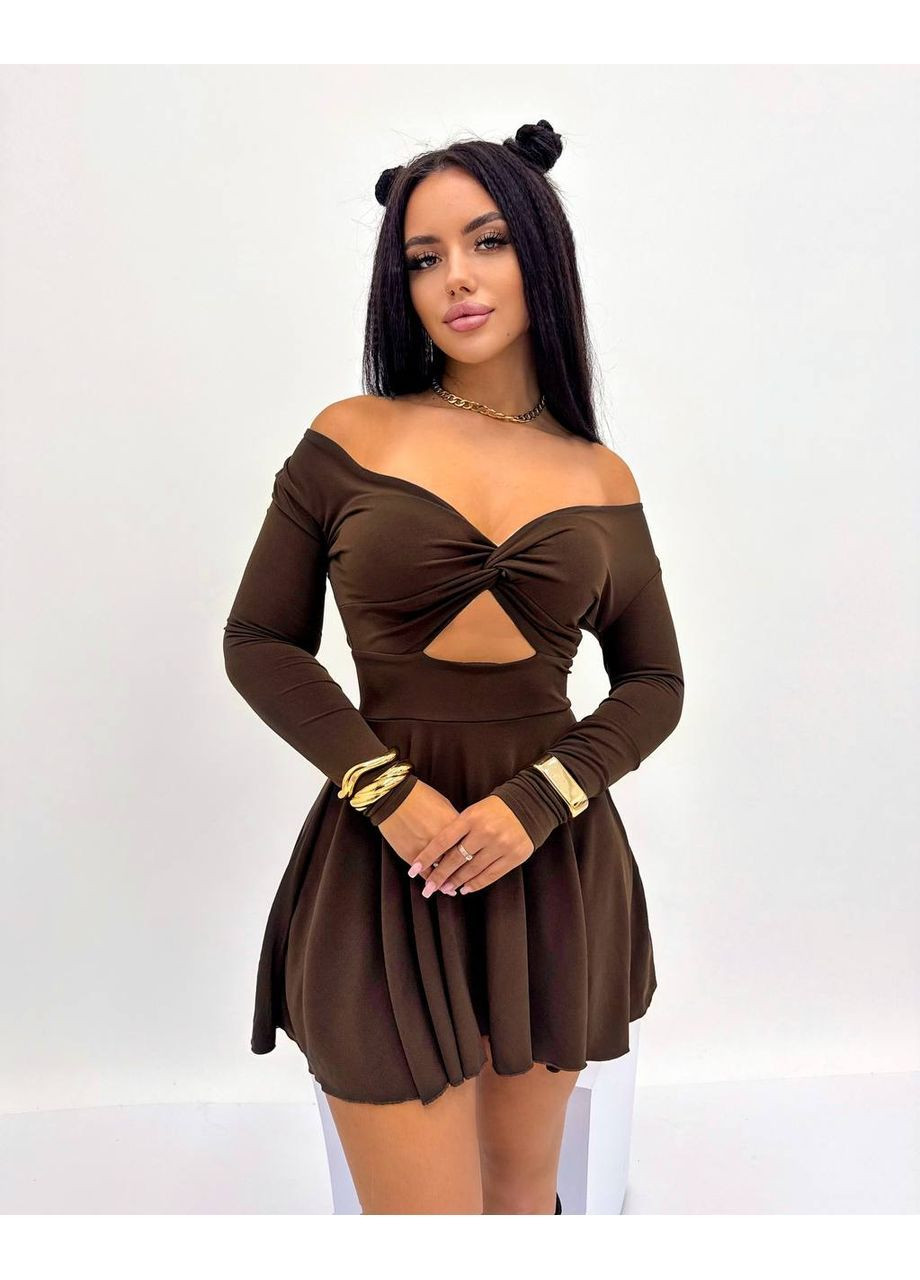 Коричневое повседневный, вечернее, кэжуал женское платье с открытыми плечами No Brand однотонное