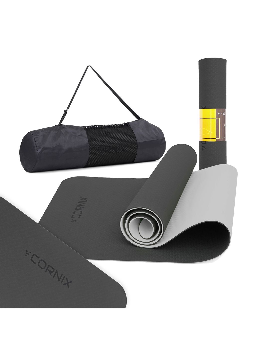 Коврик спортивный TPE 183 x 61 x 0.6 cм для йоги и фитнеса XR-0349 Black/Grey Cornix (318867516)