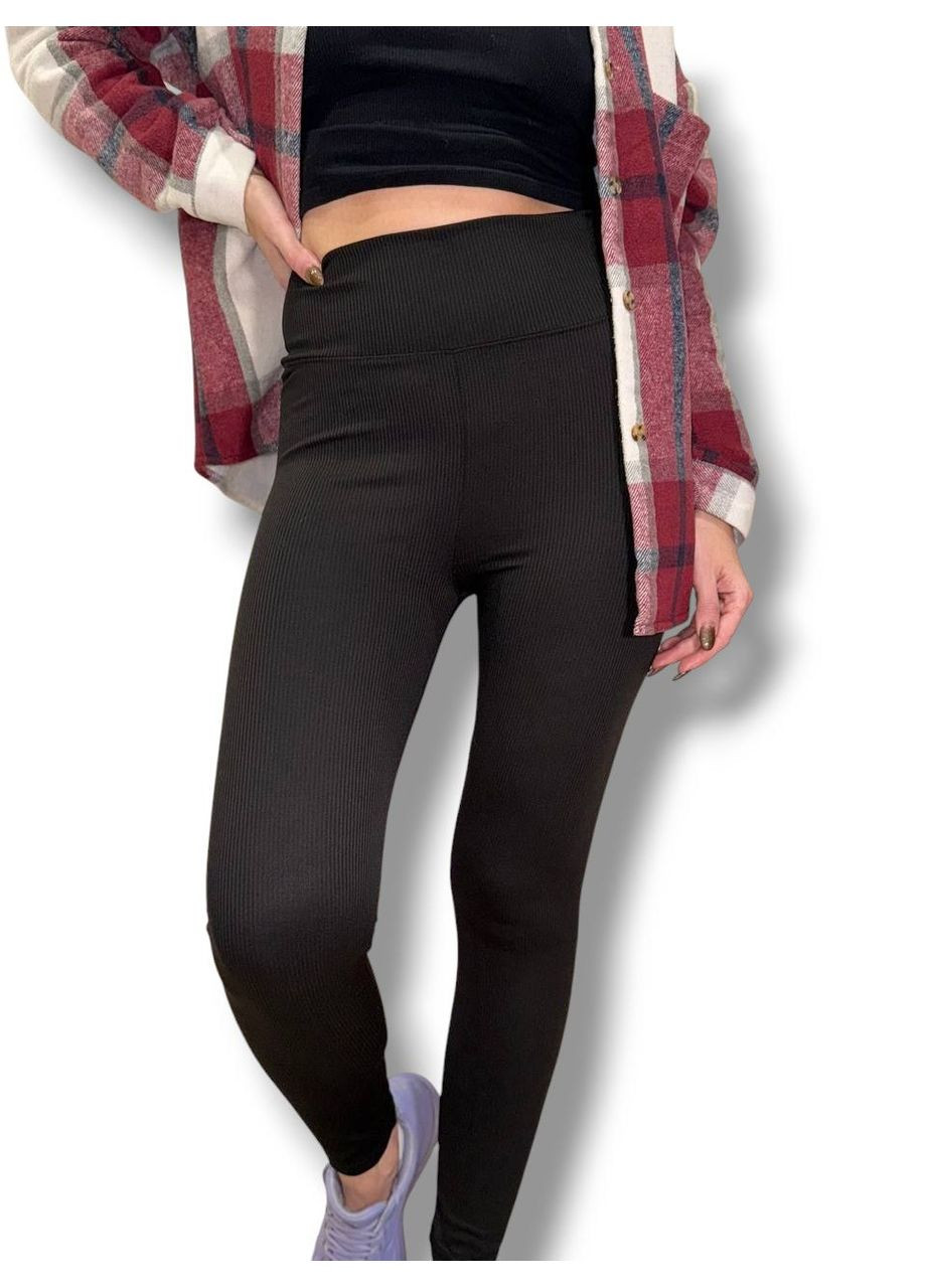 Жіночі лосини еластичні в рубчик з високим широким поясом без утеплення демісезон 99-101см чорні No Brand (318450649)