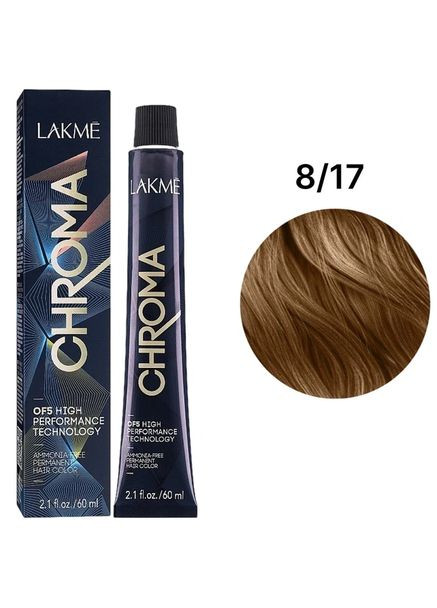 Безаммиачная перманентная краска для волос Chroma Permanent Hair Color 8/17 Blue Ash Light Blonde 60 мл Lakme (370671713)