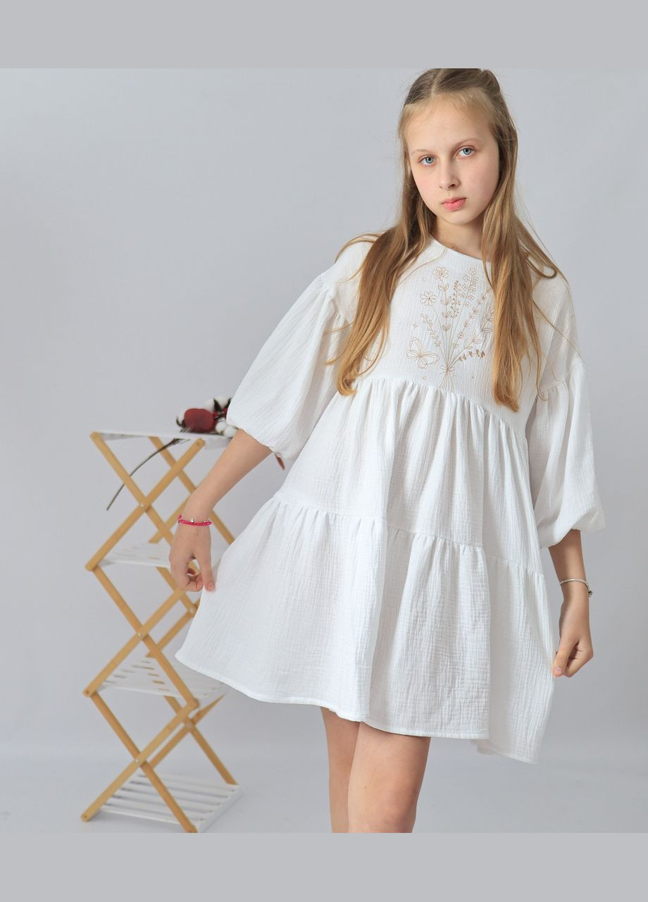Біла дитяча довга святкова сукня з вишивкою "хлоя" з мусліну для дівчинки No Brand (335064169)