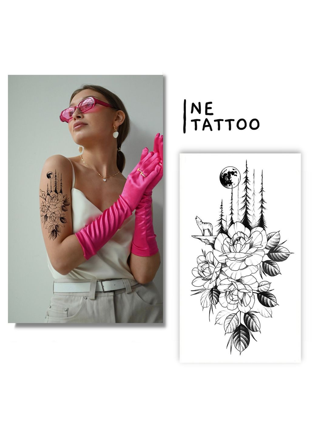 Тимчасове водостійке тату "Квіти, місяць, вовк" No Brand (312537995)