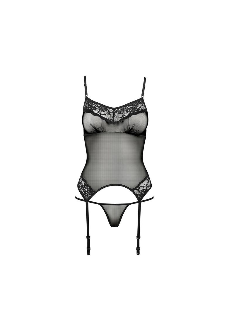 Корсет з пажами MELANIA CORSET S/M, black, трусики, напівпрозорий Passion (369950988)