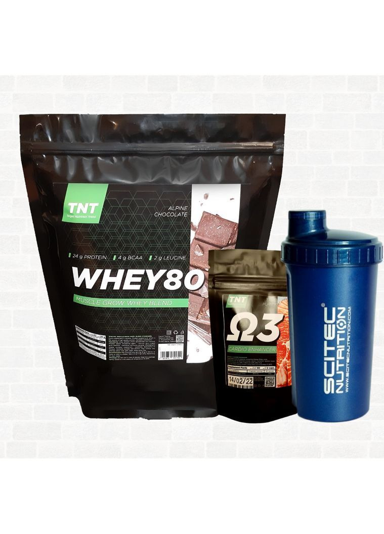 Сироватовий протеїн комплекс для набору ваги: протеїн Whey 80 Альпійський шоколад 2 кг + Омега-3 та Шейкер TNT (370802827)