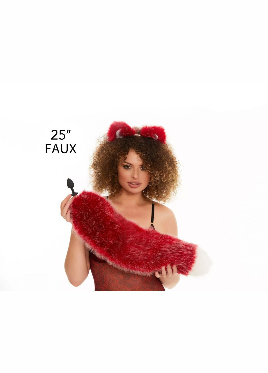 Анальный меховой пушистый хвост без пробки, Темно-красный с белым кончиком, 60 см. OKOVA (315149096)