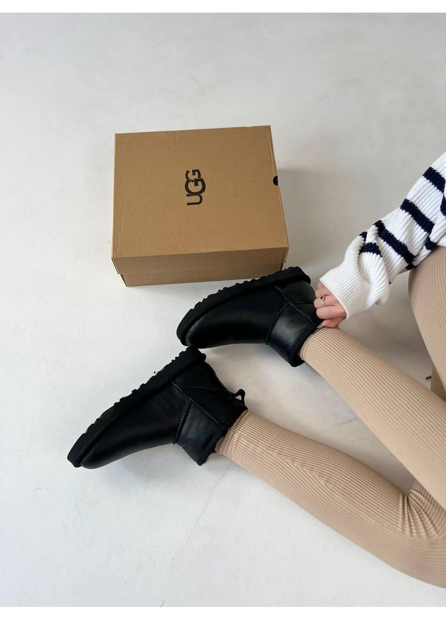 Черные угги мужские ugg classic mini black leather (кожа) No Brand
