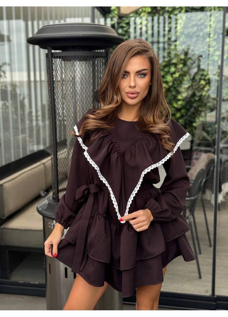 Коричнева святковий, повсякденний, коктейльна, вечірня жіноча сукня з мереживом з пишною спідницею Avanti однотонна