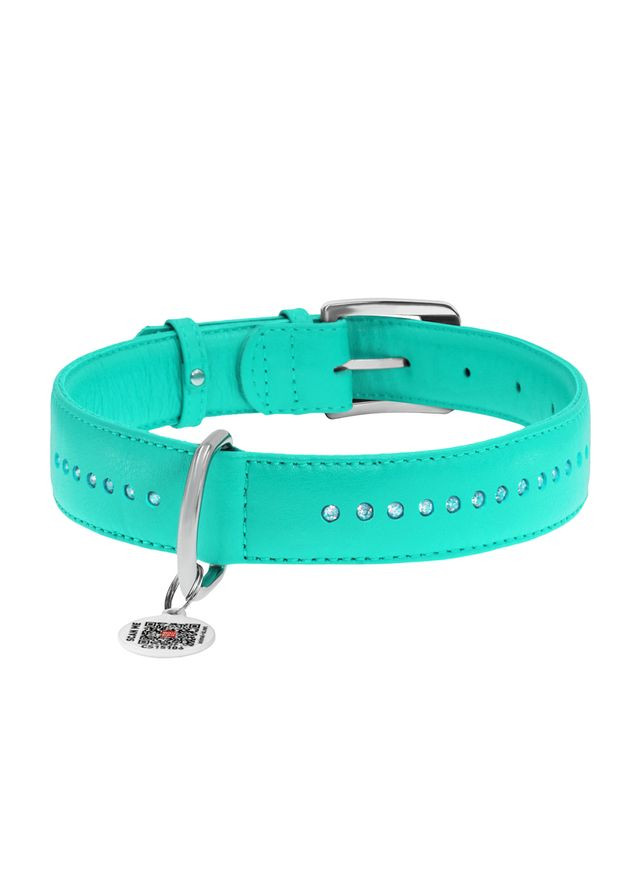 Ошейник для собак кожаный Glamour с QR паспортом, двойной со стразами,, Ш 15 мм, Длин 27-36 см ментоловый WAUDOG (322001538)