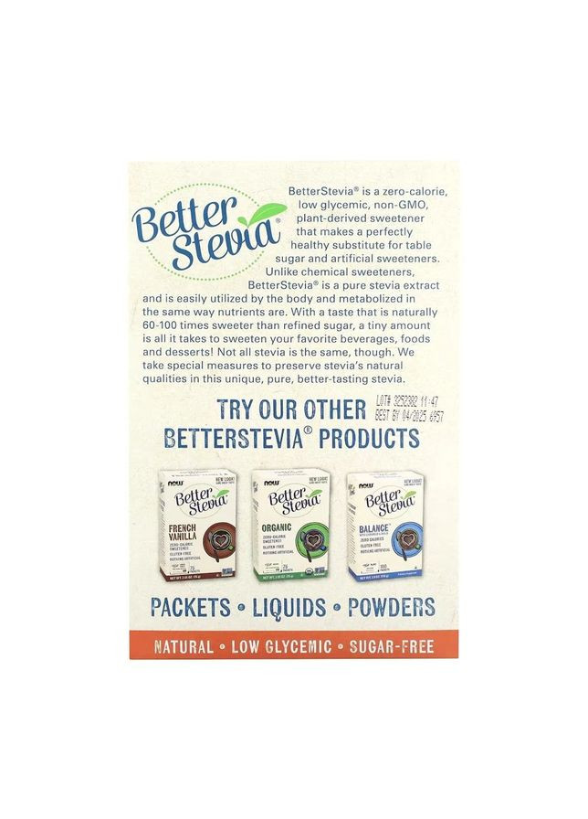 Замінник харчування Better Stevia Packets Original, 100 пакетиків Now (324419589)