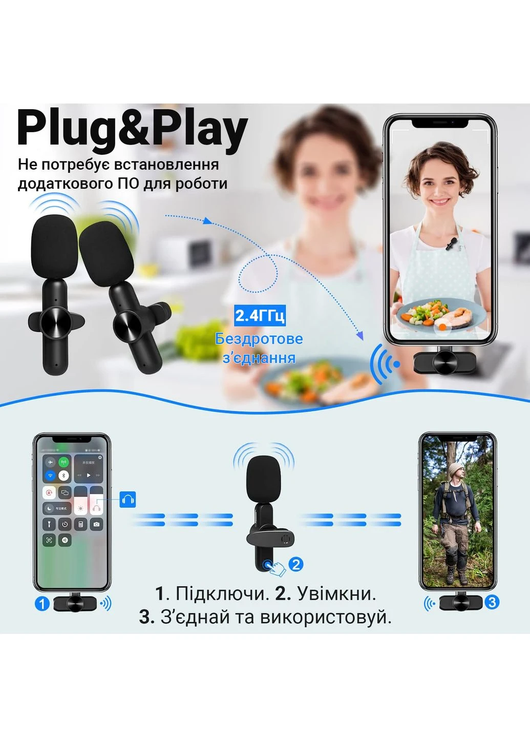 Подвійний бездротовий петличний Lightning мікрофон P28-2 для Apple iPhone, iPad, 2.4 ГГц Savetek (375460381)