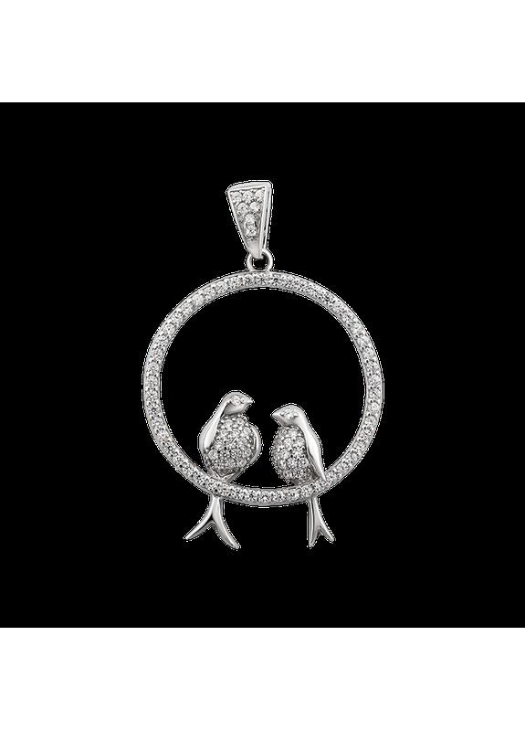 Кулон срібний тематичний дві пташки у колі з білими фіанітами Каштан (342335213)