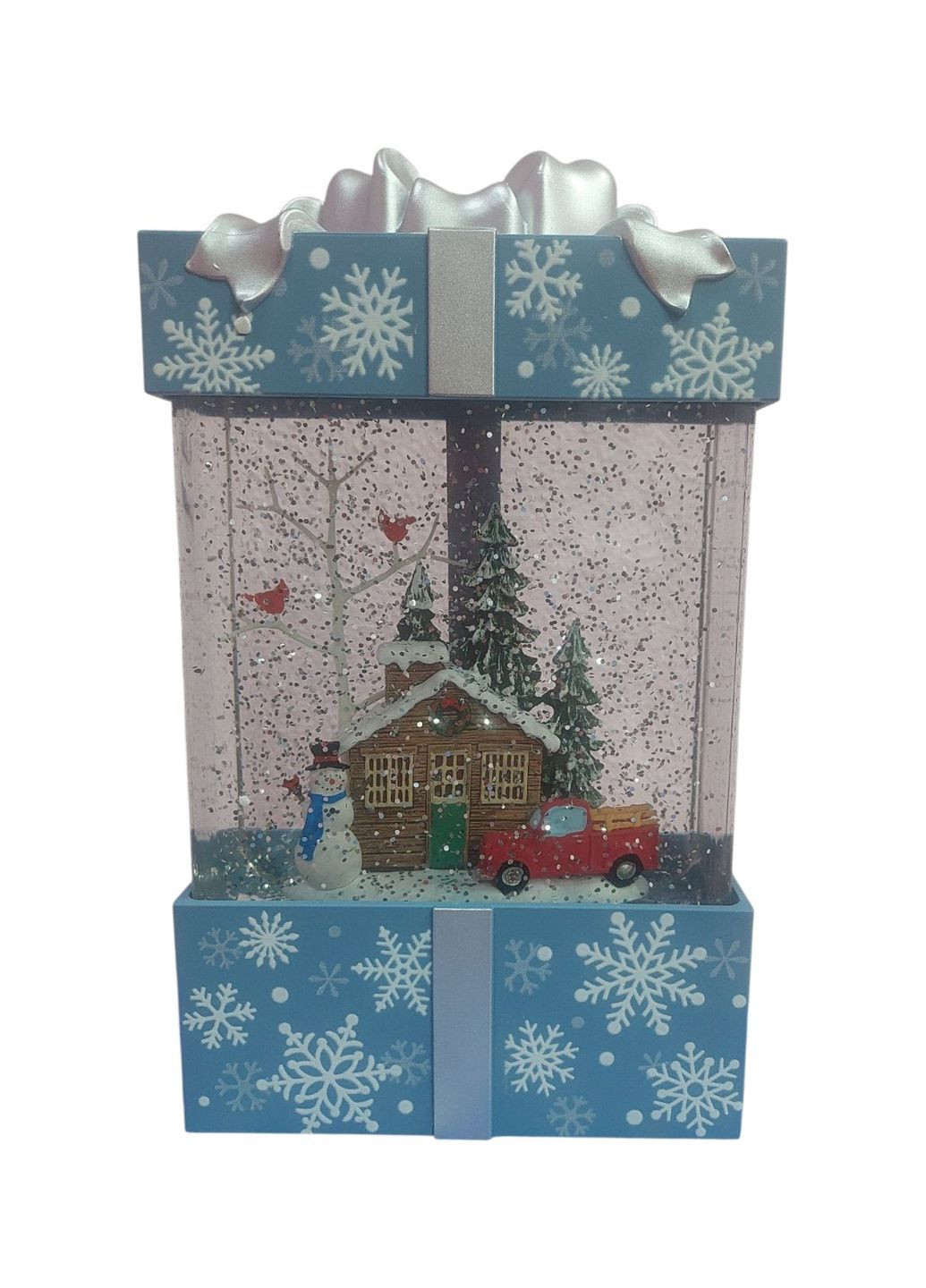 Новорічний декоративний музичний ліхтар світильник з Бантом Сніговик WDL-22018 зі снігом на батарейках та USB Блакитний No Brand (367261933)