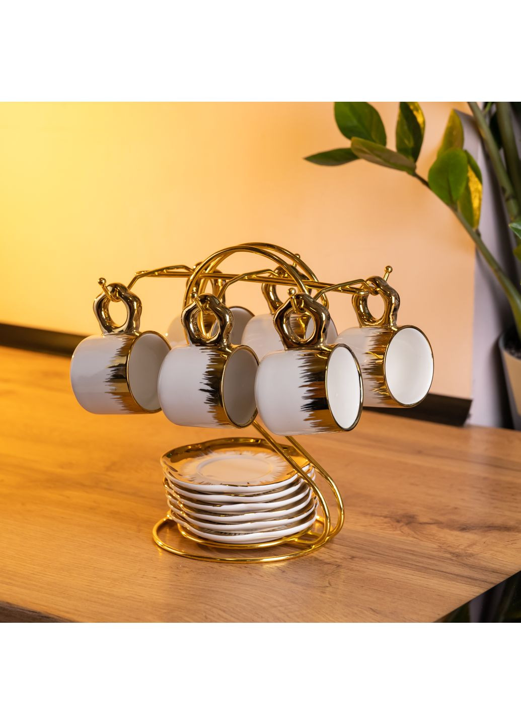 Набір для кави із порцеляни 12 предметів на 6 персон на металевій підставці, білий Yiwu (367983848)