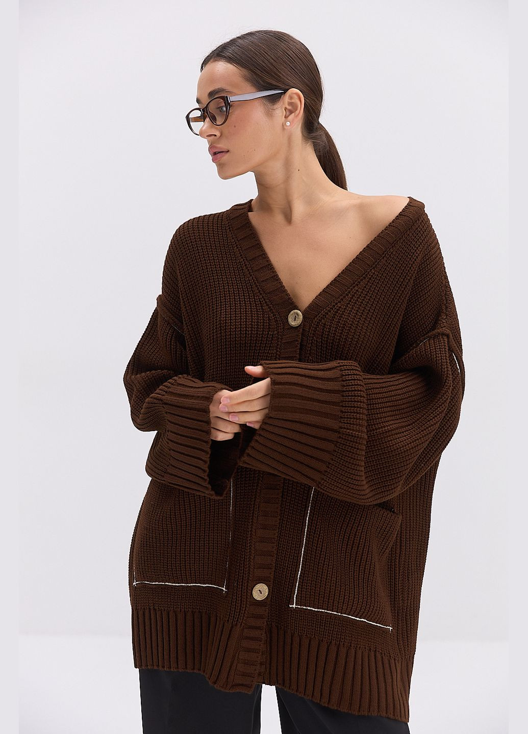 Жіночий в'язаний кардиган oversize з кишенями темно-червоний Arjen (317233864)