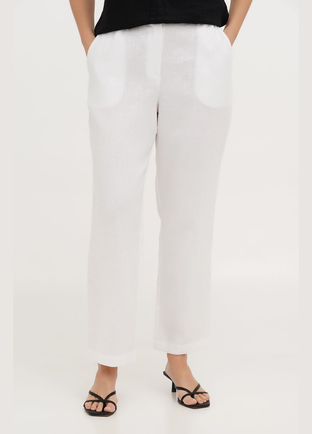 Класичні вкорочені жіночі штани з льону на блискавці і резинці під ремінь Чарлі з кишенями., р., код 8427/54/883 ГАЛЕРЕЯ ЛЬОНУ (333164760)