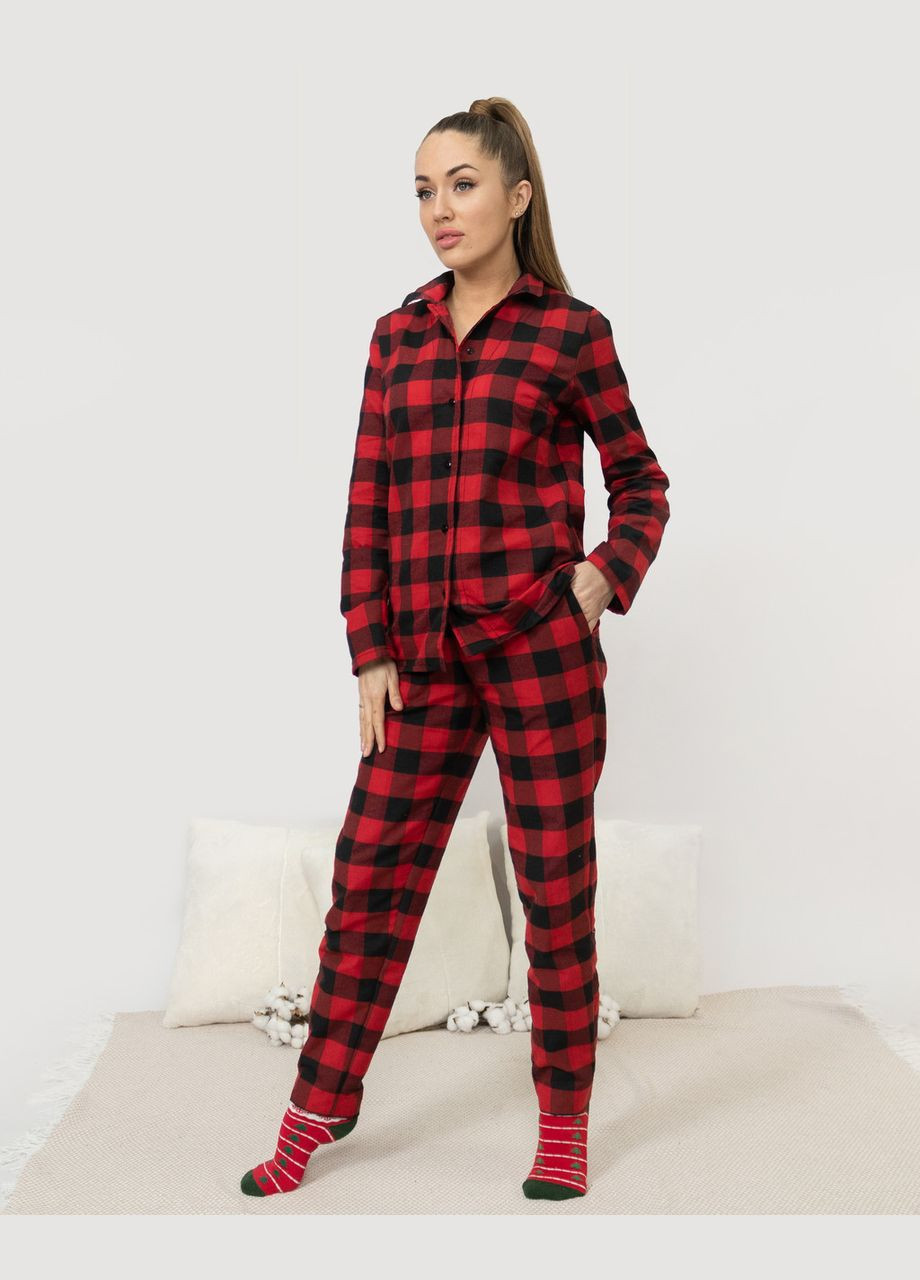 Червона всесезон піжама жіноча домашня фланелева сорочка зі штанами червона клітинка Maybel