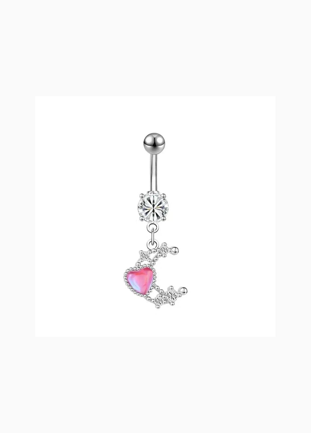 Серьга для пирсинга пупка Луна с розовым сердечком Liresmina Jewelry нержавеющая сталь белый фианит 4 см Fashion Jewelry (293241524)