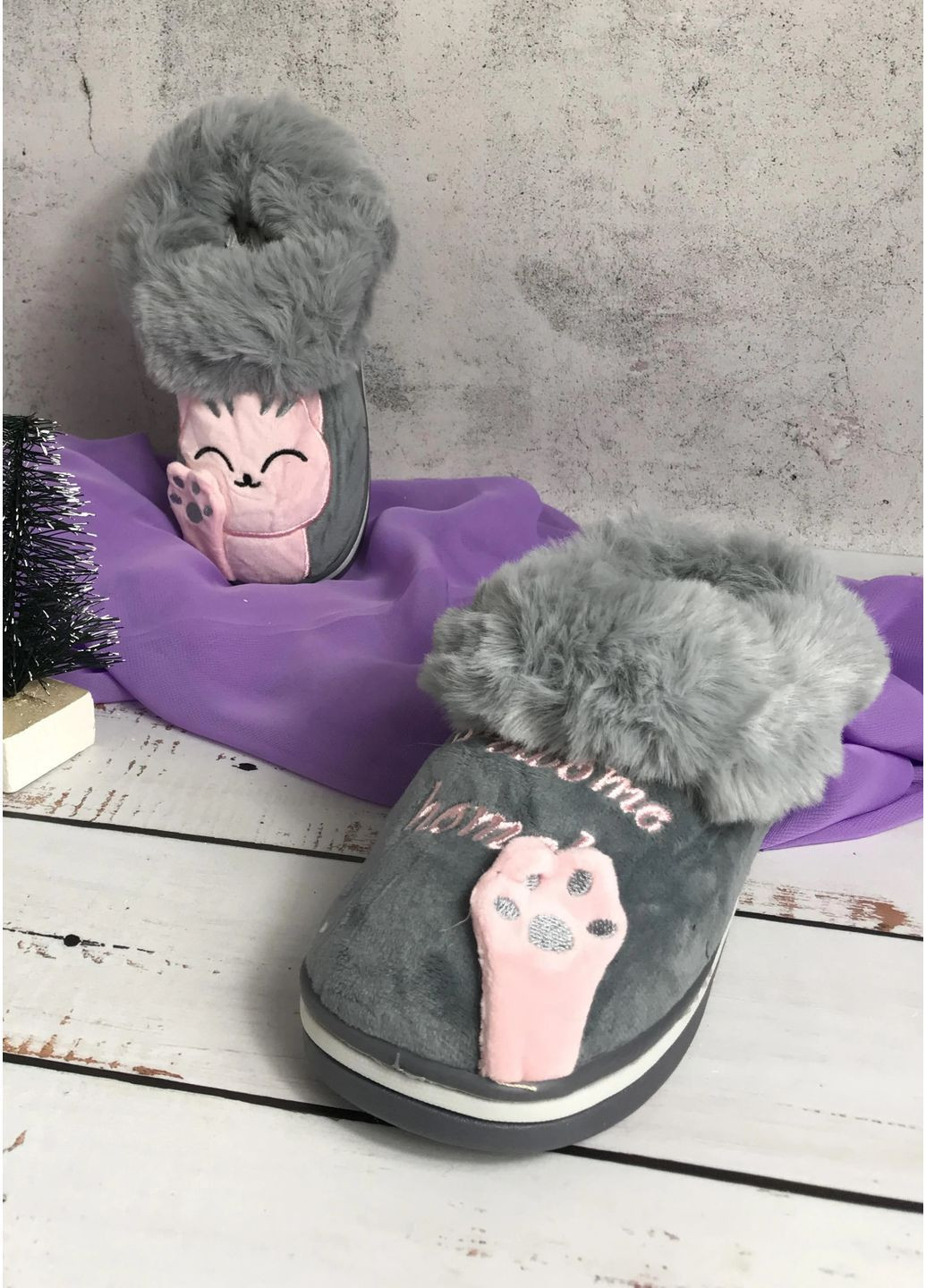 Серые тапочки домашние для девочки серо-розовый (1216-2) Lion