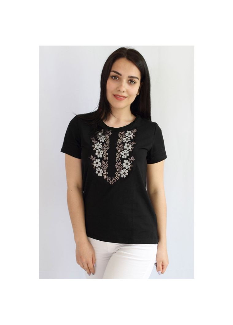 Женская футболка с вышивкой Цветы коричневые Ladan — 303727282