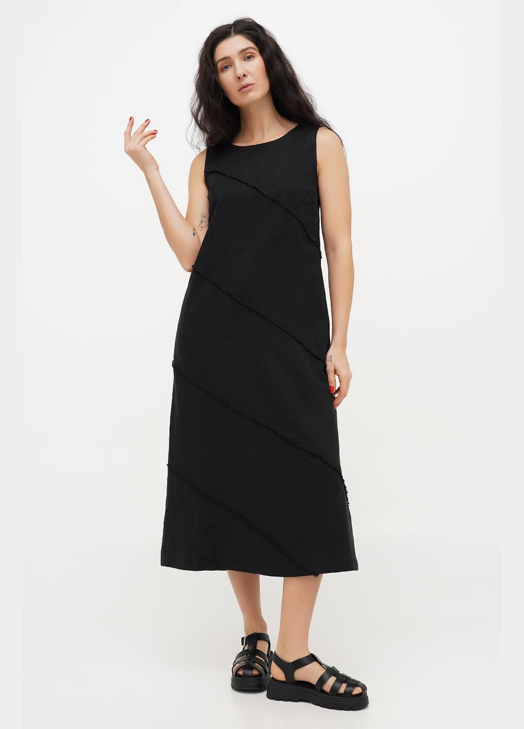 Черное длинное льняное платье без рукавов с карманами однотонное фем. желтый, р.54, код 0443/54/163 ГАЛЕРЕЯ ЛЬОНУ