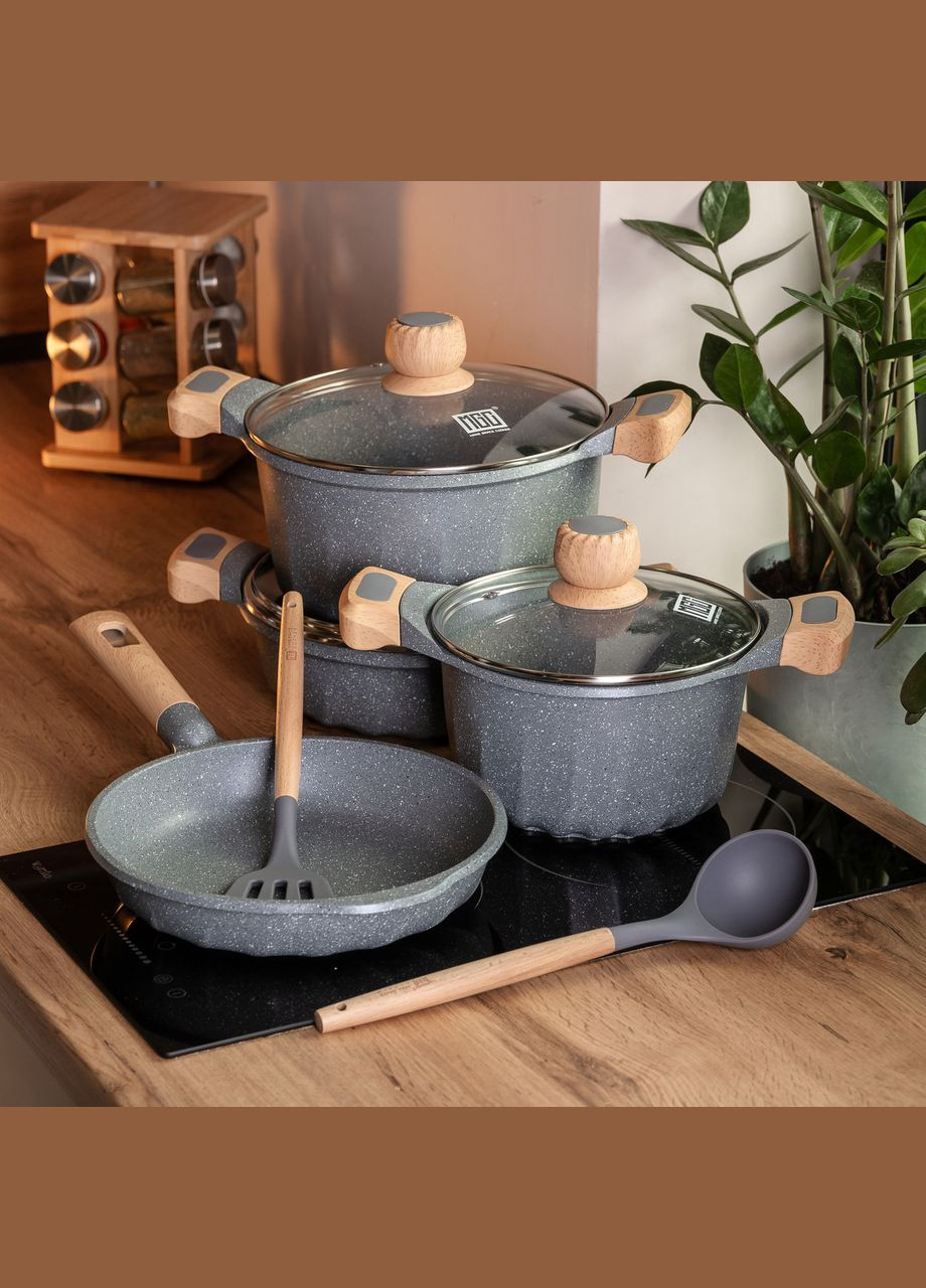 Набор посуды, 3 кастрюли, алюминиевая толстодонная кастрюля с лопаткой и половником серый HP-4-401G MGC (353504598)