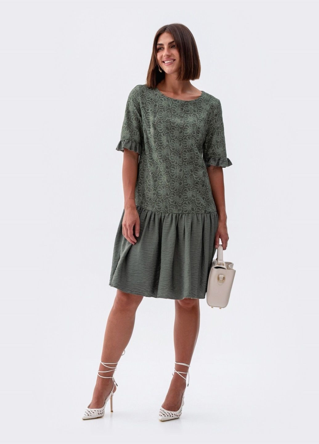 Оливкова (хакі) кежуал сукня кольору хакі з комбінації льону та прошви Dressa однотонна