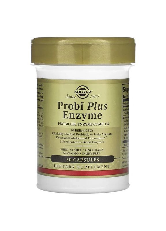 Пробіотики плюс ферменти, Probi Plus Enzyme,, комплекс, 20 млрд КУО, 30 капсул Solgar (361114915)