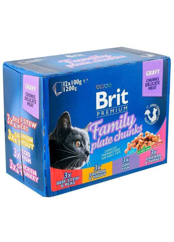Cat Family Plate in Gravy - Набір паучів "Сімейна тарілка" в соусі для котів 12х100 г (8595602506255) Brit Premium (327070734)