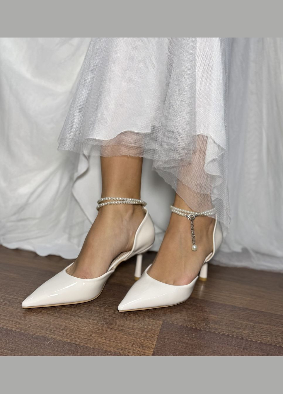 No Brand Свадебные лаковые женские туфли для невесты с жемчугом + дополнительный ремешок - Белый цвет белый з текстиль, — лето (322414825)