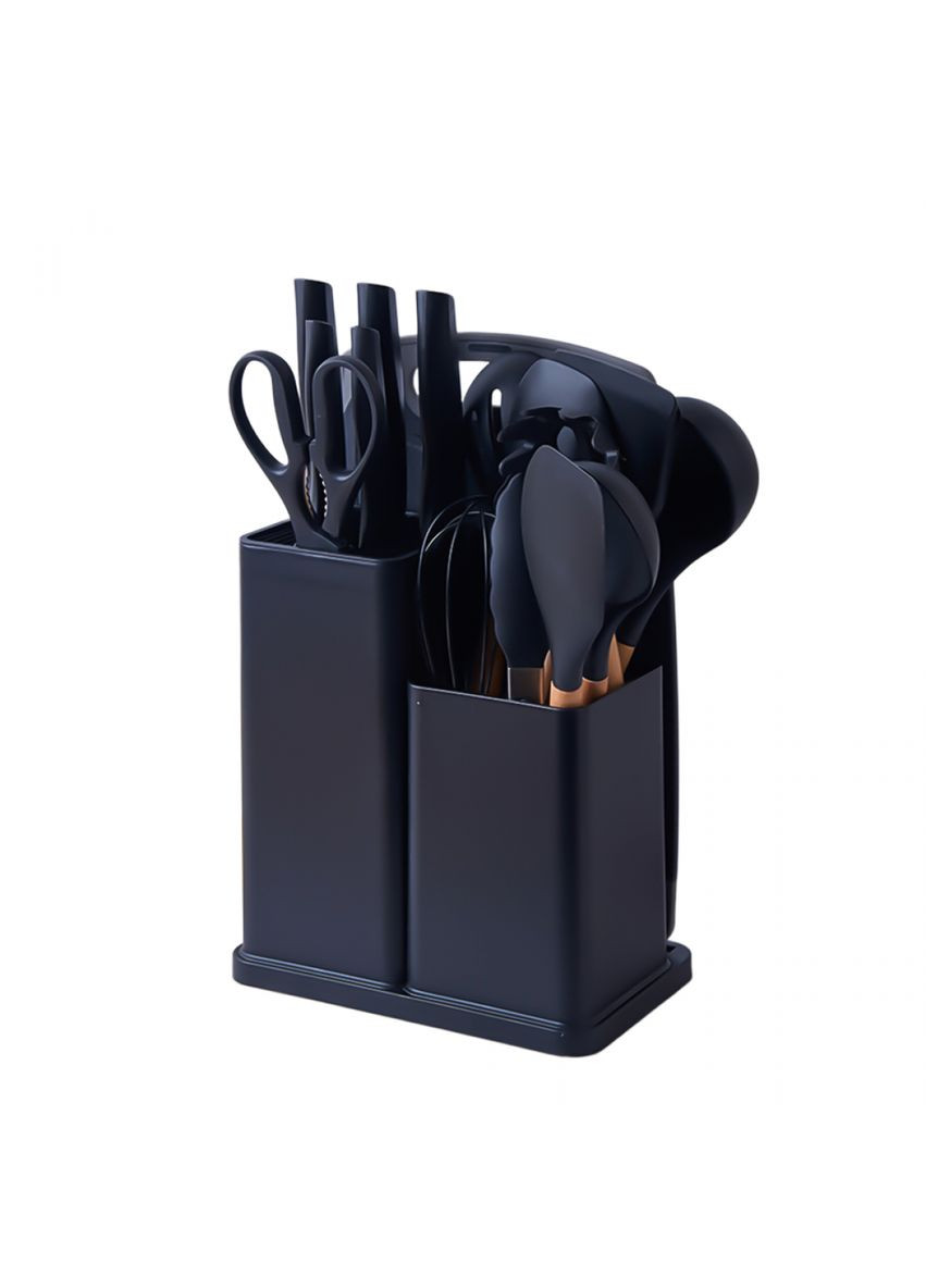 Набор кухонных принадлежностей на подставке 19 штук из силикона с бамбуковой ручкой, черный No Brand (290704493)