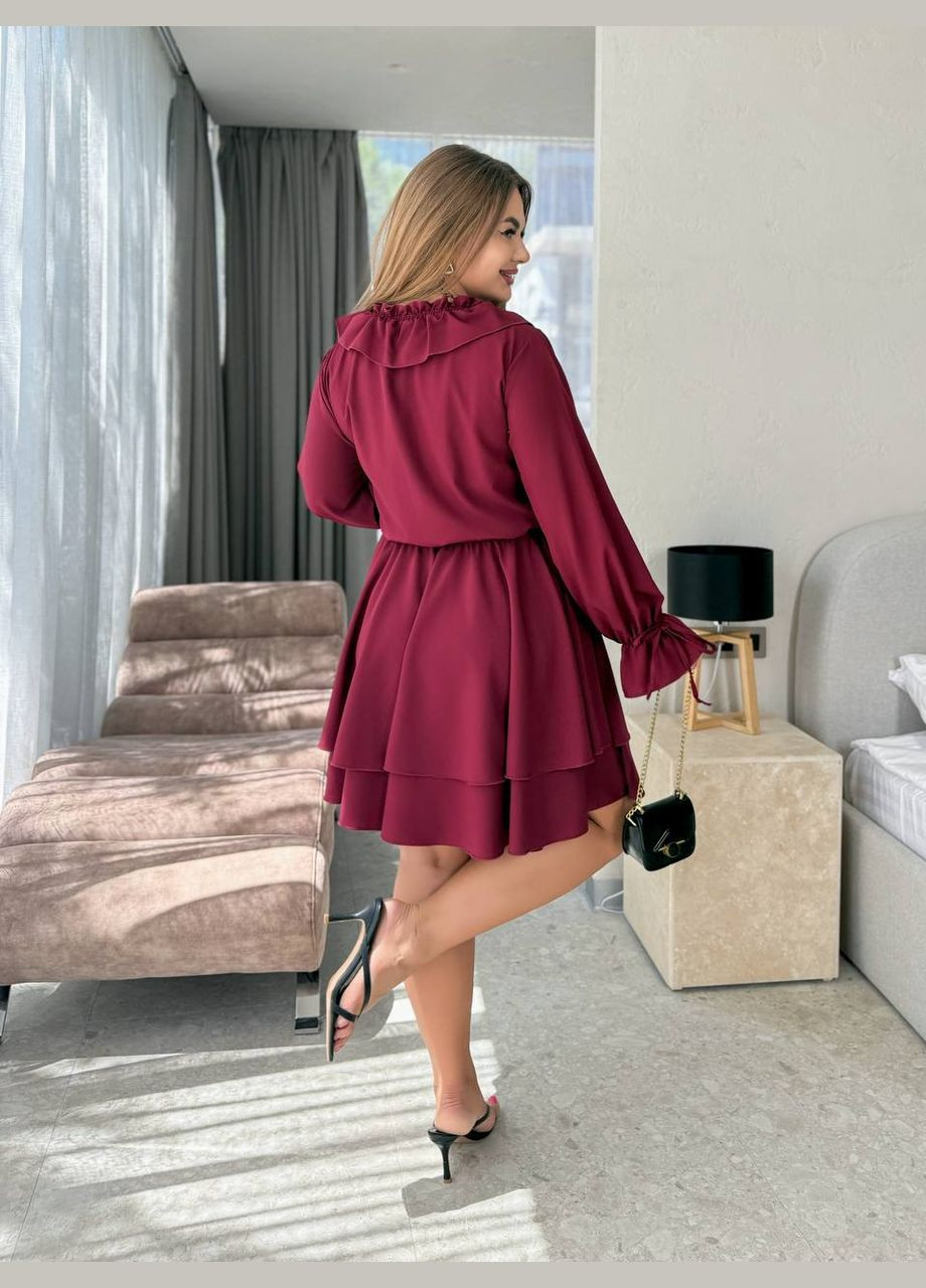 Бордовое кэжуал женское платье с двойной юбкой а-силуэт Style Point однотонное