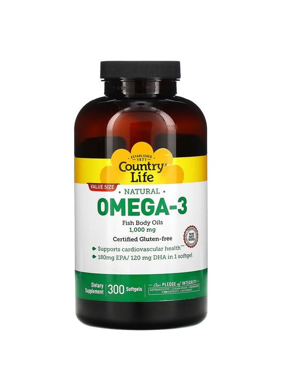 Жирные кислоты Omega-3 1000 mg Natural, 300 капсул Country Life (324421156)