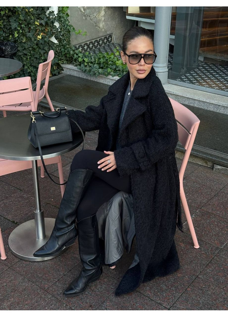 Черное демисезонное Пальто макси реглан с поясом на подкладке,премиальный кашемир альпака. Україна