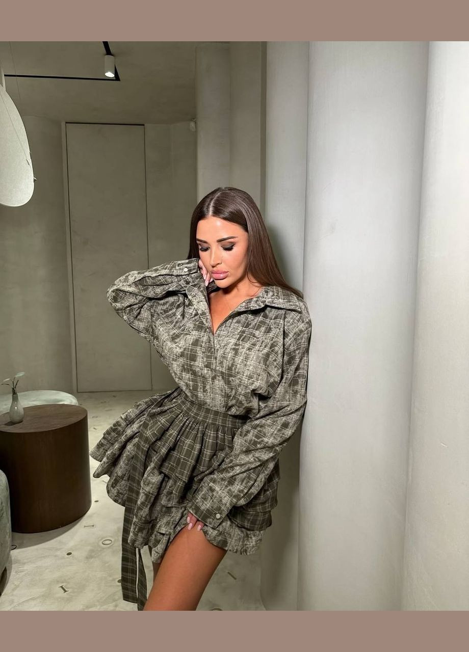 Оливкова (хакі) повсякденний, кежуал сукня в клітинку меланж дзвін No Brand в клітинку