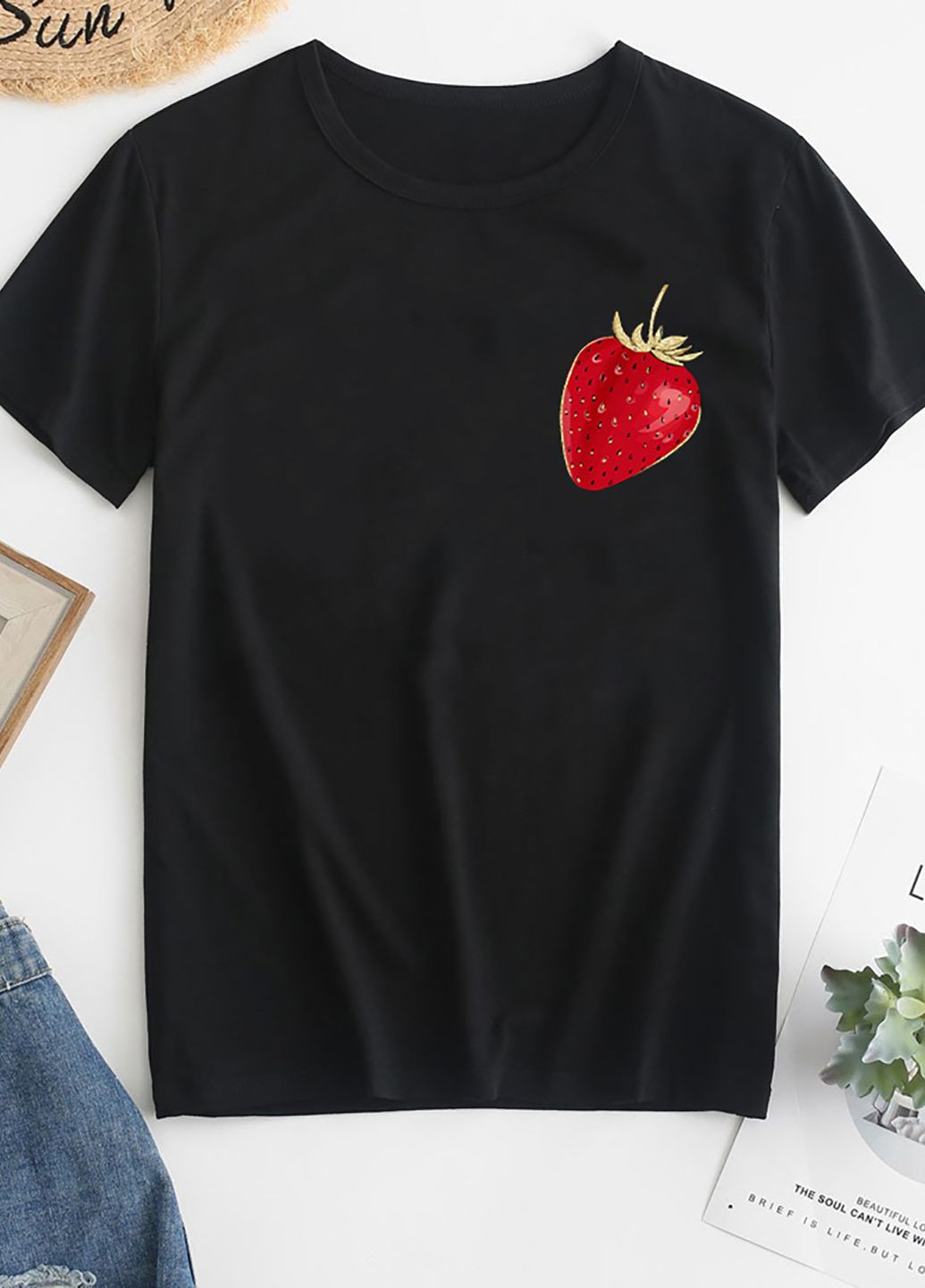 Чорна демісезон футболка жіноча чорна artisanal strawberry Zuzu